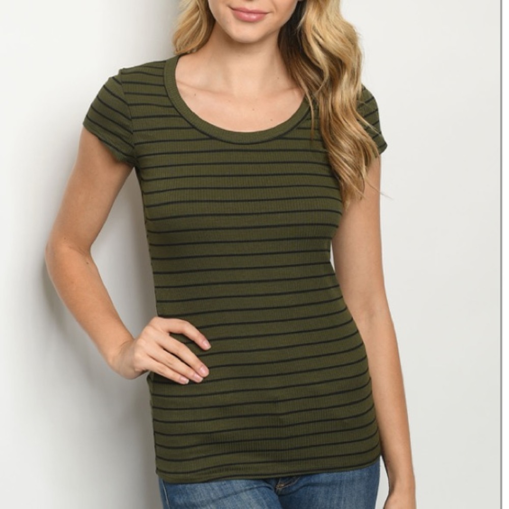 Olive stripes scoop neck striped ribbed top.